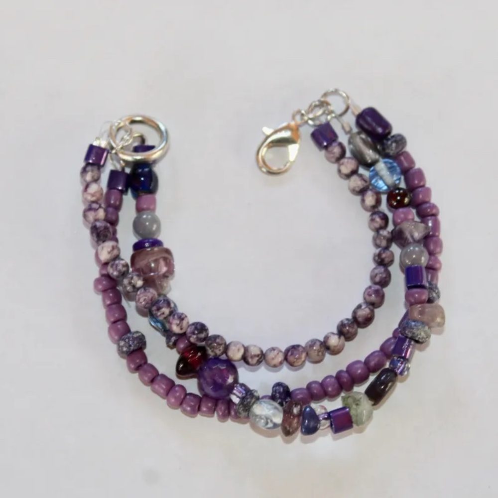 New Beaded 3-Strand Bracelet in Blues and Purples, 7 inch